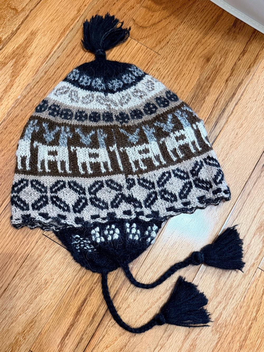 Kids Knit Earflap Winter Hat with Tassels - Black, Brown & Cream